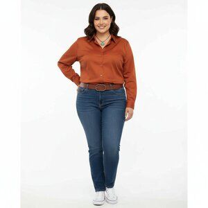 NWT Lee Women's XXL Hot Orange Stretchy Textured Long Sleeve Button Down Shirt